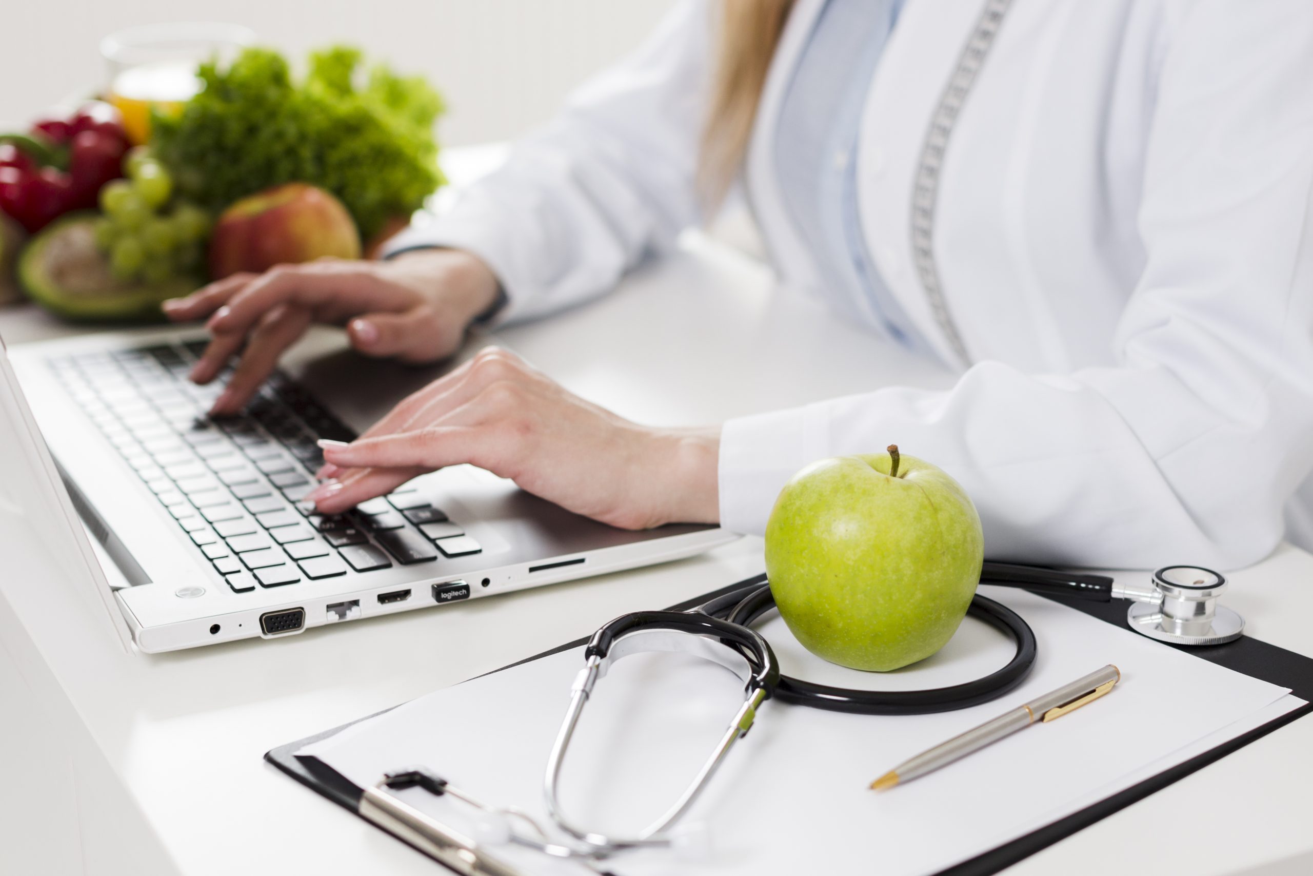 Inicio diet concept with female scientist healthy food