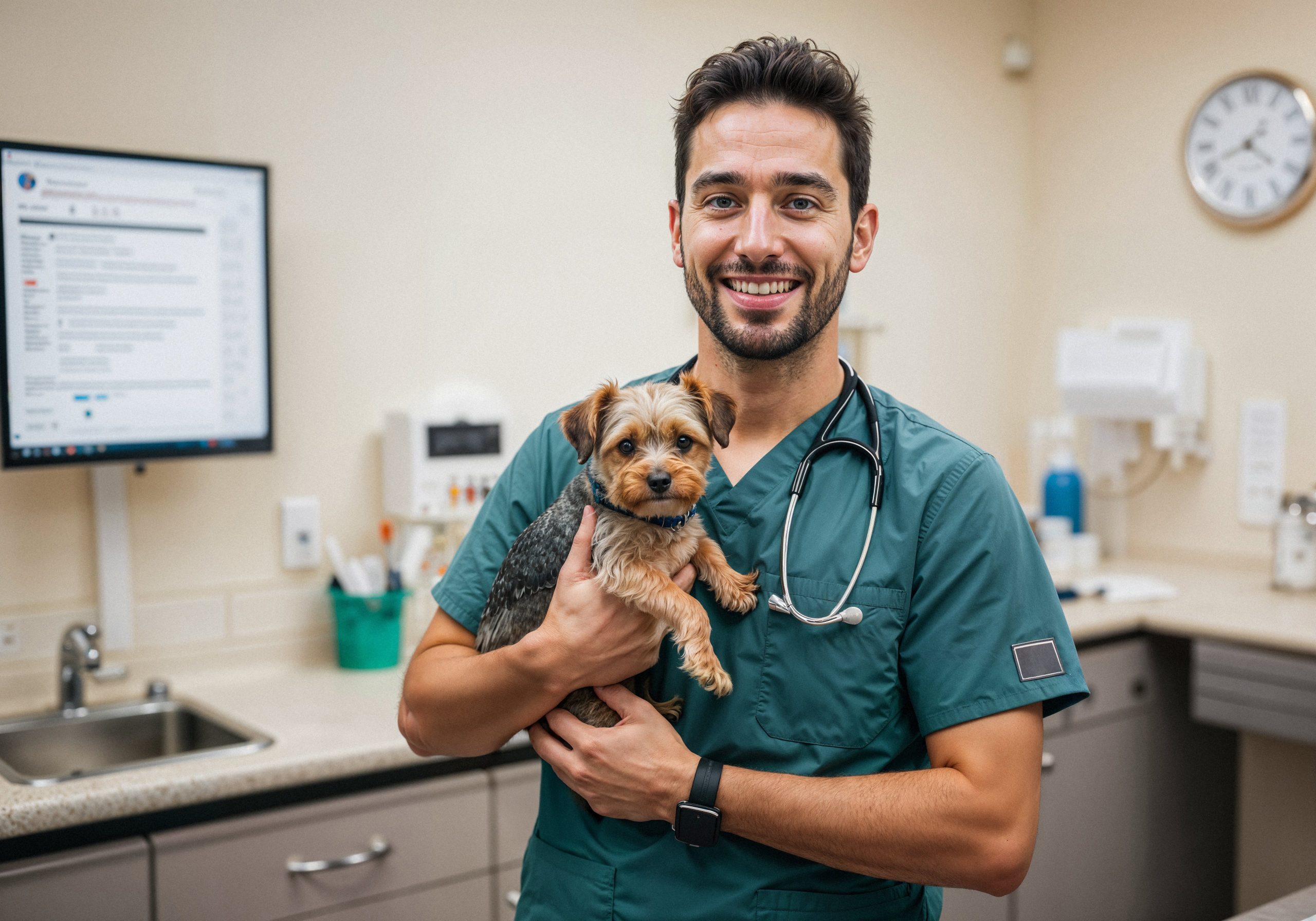 Inicio veterinarian holding yorkshire terrier dog vet clinic